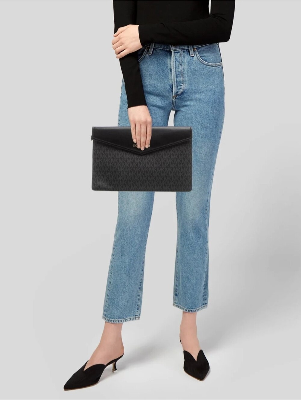 MICHAEL KORS Signature Wristlet Pouch - Black MK Logo, Zip Closure